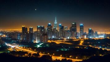 ai genererad urban horisonter stad lampor gnistrande mot natt himmel foto