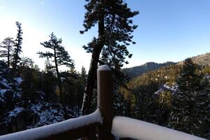 snö på trä- räcke med bergen och grön träd foto