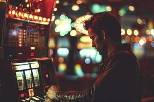 ai genererad en man spelar slots på en kasino golv. generativ ai foto