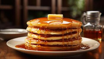 ai genererad stack av pannkakor med honung och färsk frukt genererad förbi ai foto