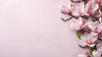 ai genererad magnolia blommor grenar på en bakgrund för kopia Plats topp se blommig arrangemang på en rosa pastell bakgrund foto