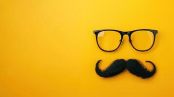 ai genererad svart glasögon och ringlad mustasch på vibrerande gul bakgrund. foto