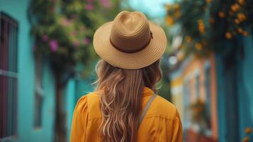 ai genererad kvinna i en sugrör hatt och gul klänning gående ner en vibrerande gata fodrad med färgrik hem. foto