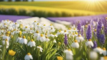 ai genererad skön fält av gul blommor i de solnedgång ljus. foto