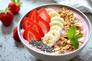 ai genererad njut av de friskhet av frukt i en smoothie skål för frukost foto