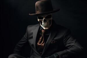 ai genererad skelett i en svart kostym och hatt, affärsman eller gangster. generativ ai foto