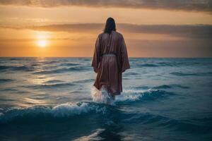 ai genererad mirakel av Jesus christ gående på vatten, helt bibel berättelser och legends foto