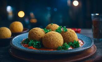 ai genererad mitten östra friska växtbaserad falafel mat, falafel bollar liggande på en tallrik foto