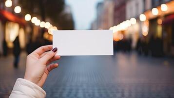 ai genererad hand håll tom vykort, attrapp papper vykort. ai genererad. mall på vit bakgrund, person som visar rena kort för notera och text, kvinna med vit posta brev foto