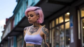 ai genererad tatuerade flicka på stad gata. ung modell med tatueringar på henne axel, modern subkultur och mode. porträtt av en kvinna. ai genererad foto