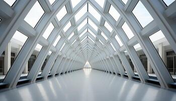 ai genererad trogen korridor, modern design, tömma, med ljus blå reflexion genererad förbi ai foto