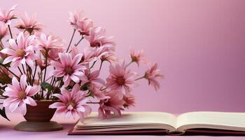 ai genererad friskhet av natur i en bukett, rosa och lila blommor genererad förbi ai foto
