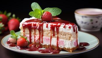 ai genererad färsk jordgubb cheesecake med choklad sås på en trä- tallrik genererad förbi ai foto
