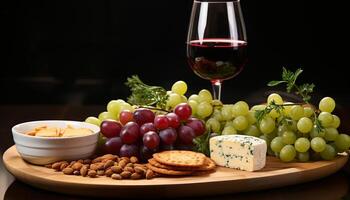 ai genererad friskhet och mängd på de gourmet tabell druva, vin, frukt, mellanmål genererad förbi ai foto