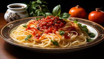 ai genererad friskhet och smak på en tallrik av hemlagad italiensk pasta genererad förbi ai foto