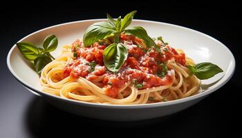 ai genererad friska äter vegetarian pasta med färsk tomat och ört sås genererad förbi ai foto