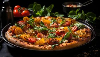 ai genererad friskhet och gourmet i en hemlagad vegetarian pizza på en rustik tabell genererad förbi ai foto