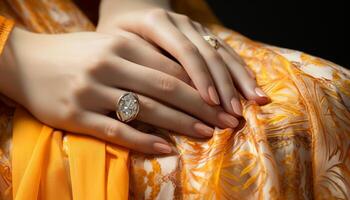 ai genererad ung kvinnor händer monter elegant bröllop ringar i vibrerande färger genererad förbi ai foto