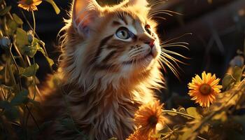 ai genererad söt kattunge Sammanträde i gräs, stirrande på höst solnedgång genererad förbi ai foto