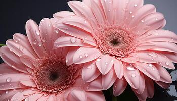 ai genererad friskhet och skönhet i natur en vibrerande, våt, rosa gerbera daisy genererad förbi ai foto