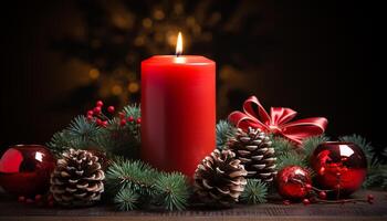 ai genererad vinter- firande lysande ljus tänds dekorerad jul träd genererad förbi ai foto