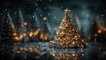 ai genererad lysande jul träd lyser i de mörk vinter- natt genererad förbi ai foto