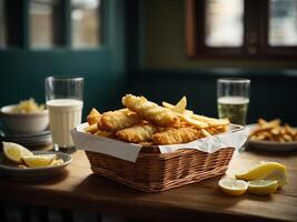 ai genererad en korg av fisk och pommes frites Sammanträde på en tabell foto