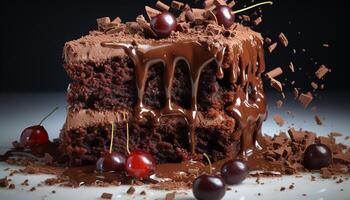ai genererad eftergiven hemlagad choklad kaka skiva, en ljuv gourmet frestelse genererad förbi ai foto