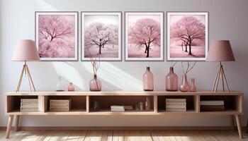ai genererad modern lägenhet med rena design, ljus rosa tapet, och bekväm möbel genererad förbi ai foto