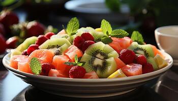 ai genererad färsk frukt sallad en friska, färgrik, och utsökt sommar mellanmål genererad förbi ai foto