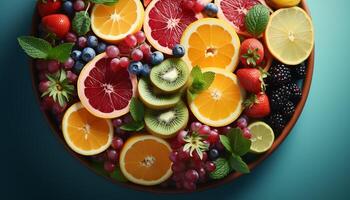 ai genererad friskhet av sommar frukt orange, hallon, citron, blåbär, jordgubb genererad förbi ai foto