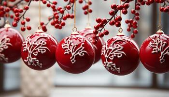 ai genererad jul prydnad hängande på träd, föra glädje och firande genererad förbi ai foto