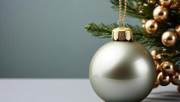 ai genererad jul prydnad dekoration på en grön gran träd gren genererad förbi ai foto