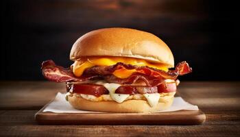 ai genererad gourmet burger på trä- tabell, färsk och ohälsosam flathet genererad förbi ai foto