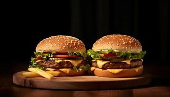 ai genererad grillad gourmet burger på trä- tabell, färsk och ohälsosam genererad förbi ai foto