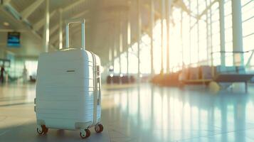 ai genererad vit resväska i flygplats terminal. generativ ai. foto