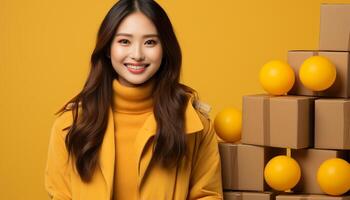 ai genererad leende ung kvinna med gul gåva låda, strålande lycka genererad förbi ai foto
