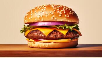 ai genererad grillad nötkött burger med ost, tomat, och lök på bulle genererad förbi ai foto