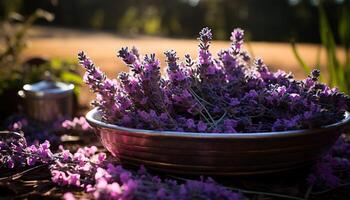 ai genererad lila blomma blomma ger skönhet och friskhet till natur tabell genererad förbi ai foto