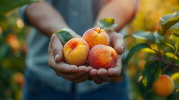 ai genererad innehav färsk organisk persika frukt på en persika frukt trädgård foto