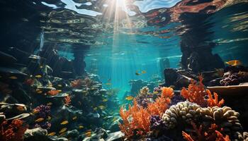 ai genererad under vattnet fisk simma Nedan, utforska de skönhet av natur genererad förbi ai foto