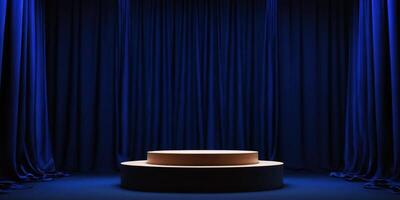 ai genererad gyllene runda podium med lyxig kunglig blå bakgrund för visa ai genererad foto