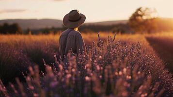 ai genererad gyllene timme lugn i blomning lavendel- fält foto