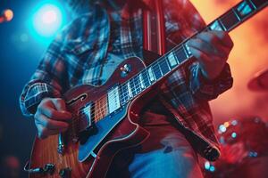 ai genererad manlig gitarrist spelar elektrisk gitarr i de hård musik konsert bokeh stil bakgrund med generativ ai foto