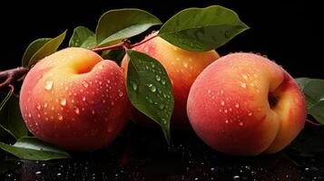 ai genererad färsk persikor med vatten droppar närbild foto