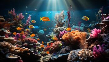 ai genererad under vattnet rev fisk i natur, korall djur- vatten djup genererad förbi ai foto