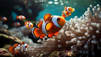 ai genererad vibrerande clown fisk simma i färgrik korall rev under vattnet genererad förbi ai foto
