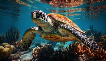ai genererad under vattnet sköldpadda simning i blå hav, omgiven förbi korall rev genererad förbi ai foto