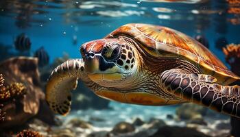 ai genererad en skön hav sköldpadda simning i de blå hav genererad förbi ai foto