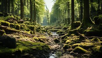 ai genererad lugn scen grön träd, strömmande vatten, vildmark, solljus, höst genererad förbi ai foto